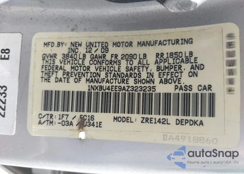 2010 Toyota Corolla Le from USA, damaged, VIN 1NXBU4EE9AZ323235